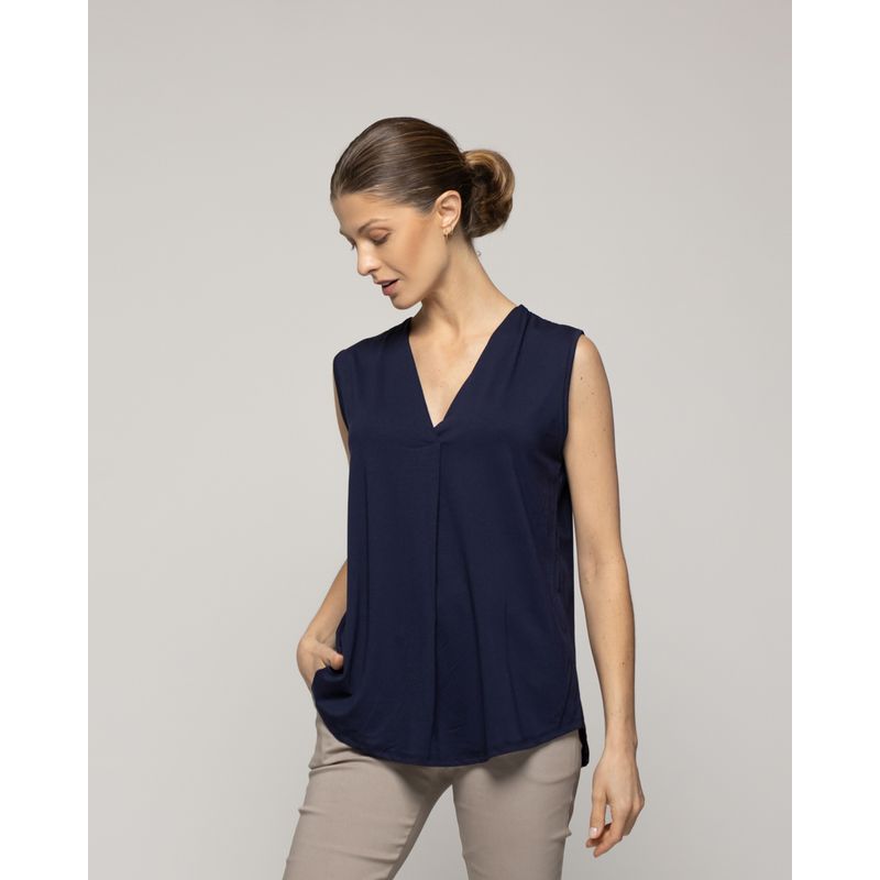 LINEATRE - Polera Mujer Básica Olga Escote V Sin Mangas Azul Lineatre