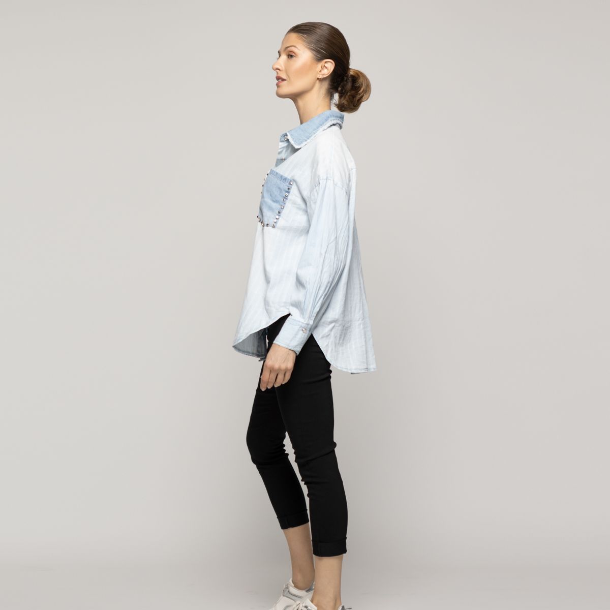 LINEATRE - Camisa Mujer Lorenza Jeans Con Tachas Bicolor Lineatre