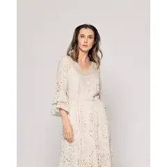 LINEATRE - Vestido Mujer Verena Encaje Y Detalles De Lentejuelas Beige