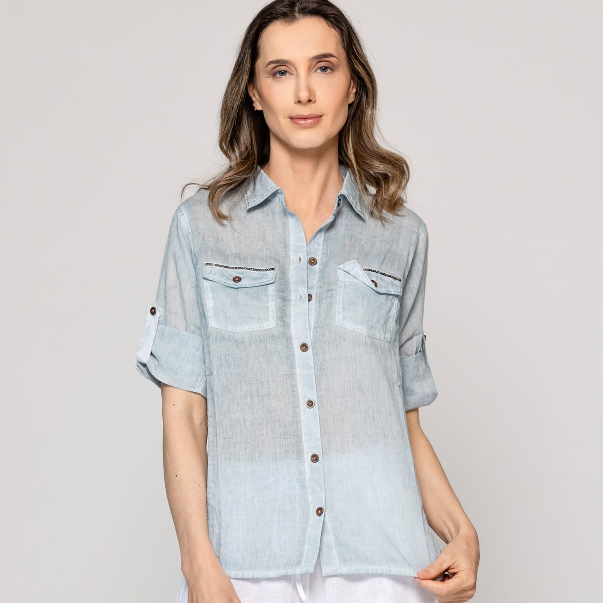 LINEATRE - Blusa Mujer Brina Manga 3/4 Bolsillo Frontal Celeste Lineatre