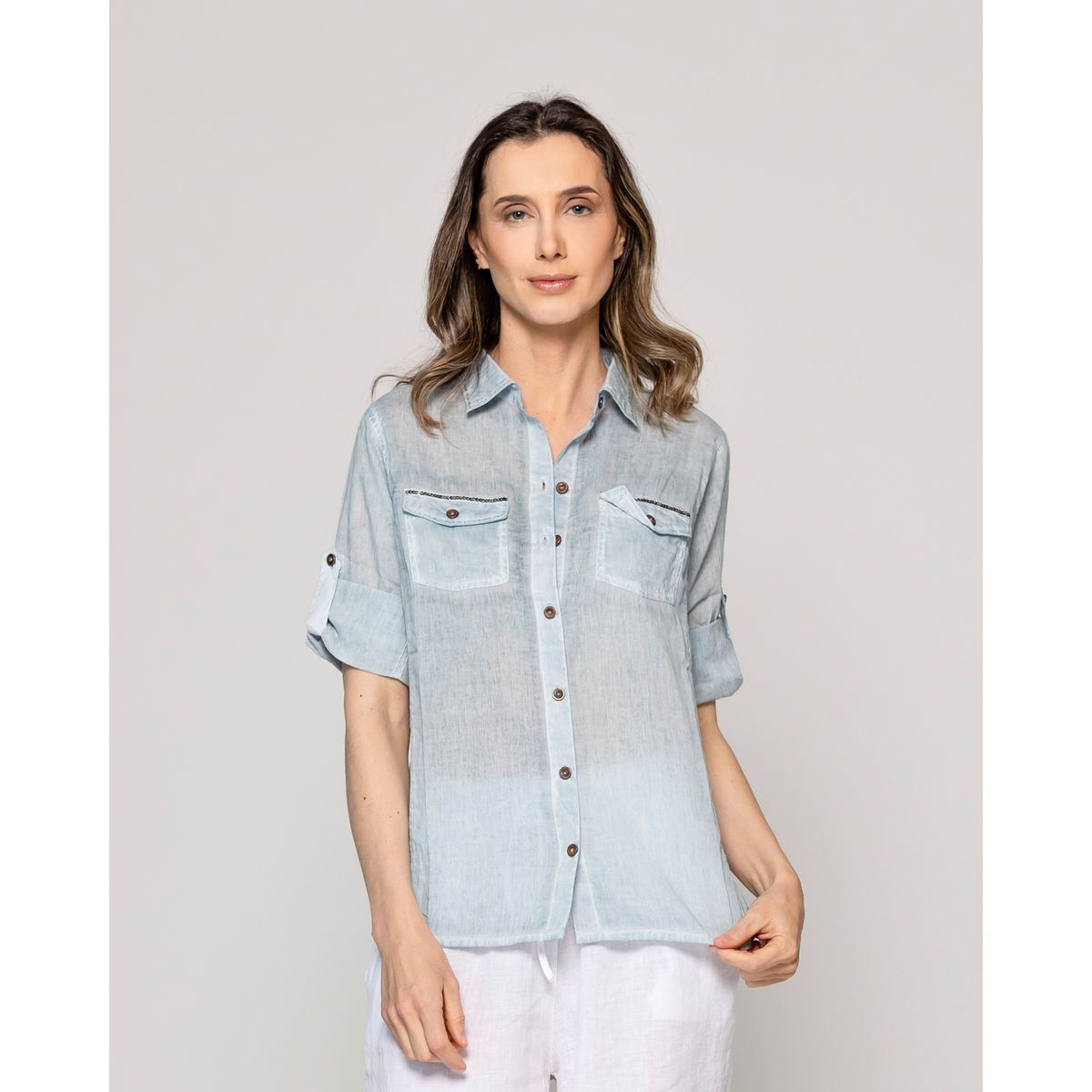 LINEATRE - Blusa Mujer Brina Manga 3/4 Bolsillo Frontal Celeste Lineatre