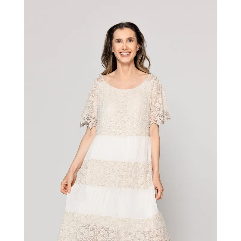 LINEATRE - Vestido Mujer Viola Largo Midi Y Manga Corta Con Encaje Beige Lineatre