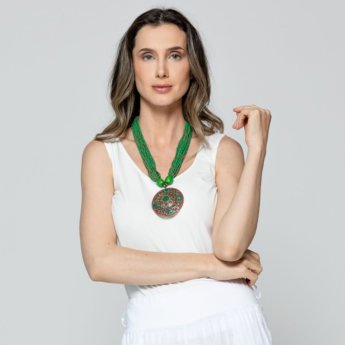 LINEATRE - Collar Mujer Mostacillas Y Dije Verde Esmeralda Lineatre