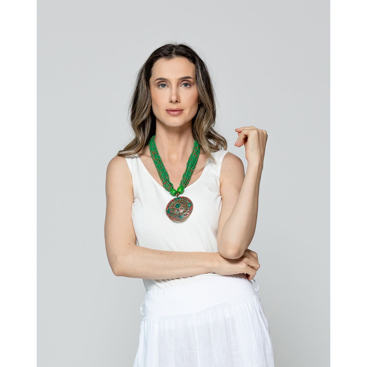 LINEATRE - Collar Mujer Mostacillas Y Dije Verde Esmeralda Lineatre