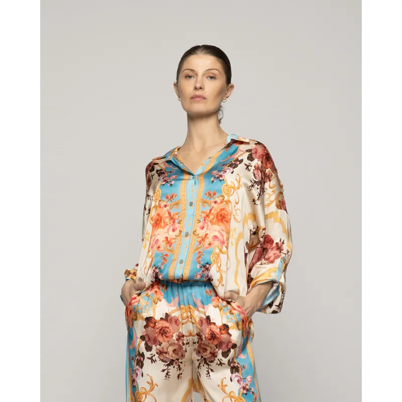 LINEATRE - Blusa Mujer Brenna Tipo Satín Estampado Celeste Lineatre