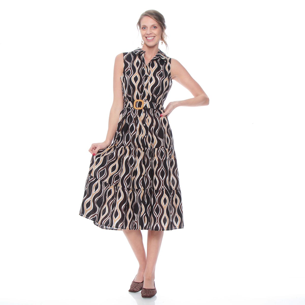 WADOS - VESTIDO SIN MANGA ESTAMPADO ABOTONADA CON DELANTERO Y LAZO