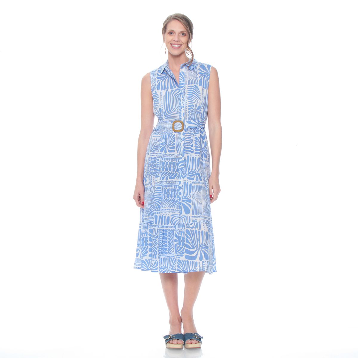 WADOS - VESTIDO SIN MANGA ESTAMPADO CON CINTURON ABOTONADO EN DELANTERO
