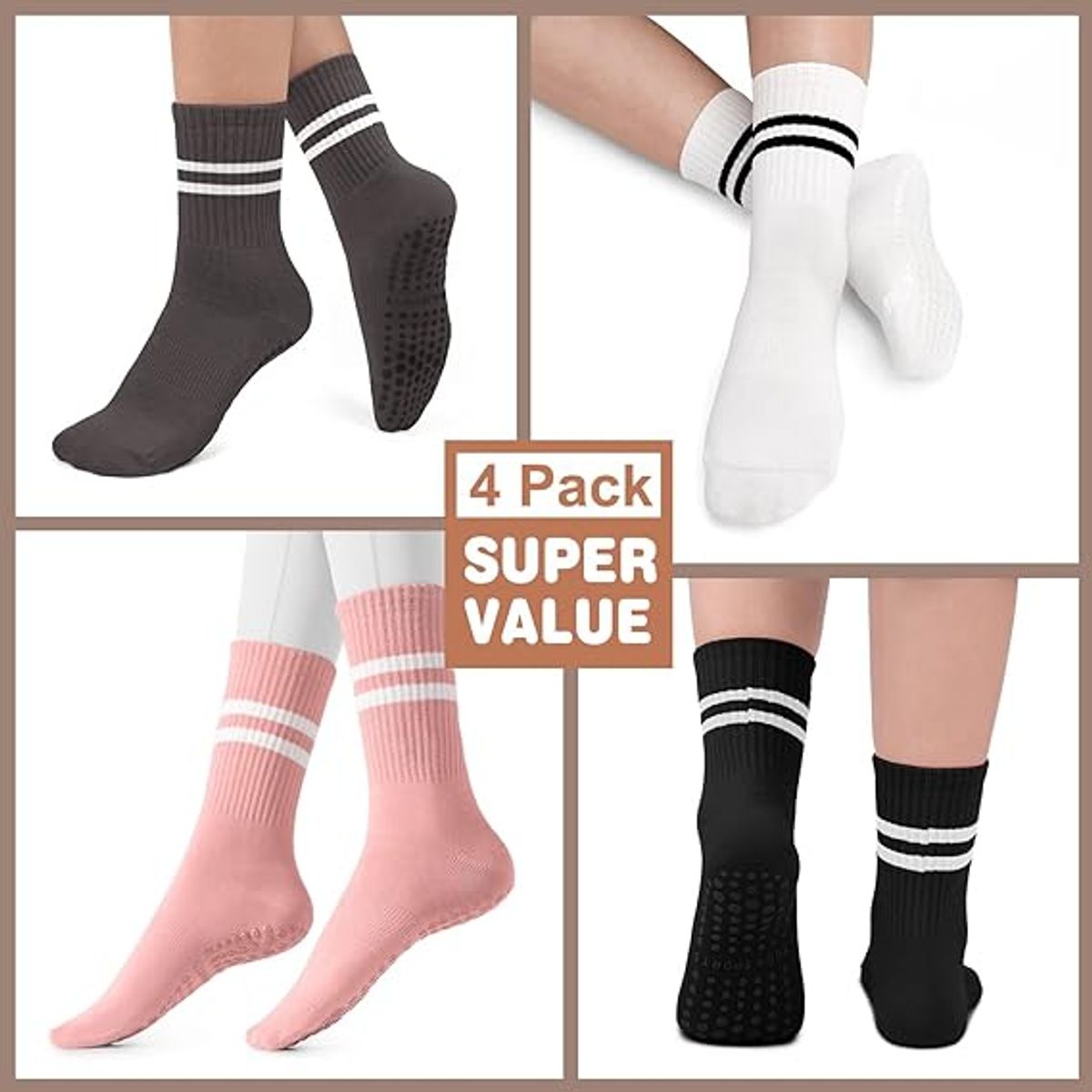 WELDMON - 4 pares de Calcetines Largos Deportivos de Yoga Antideslizantes