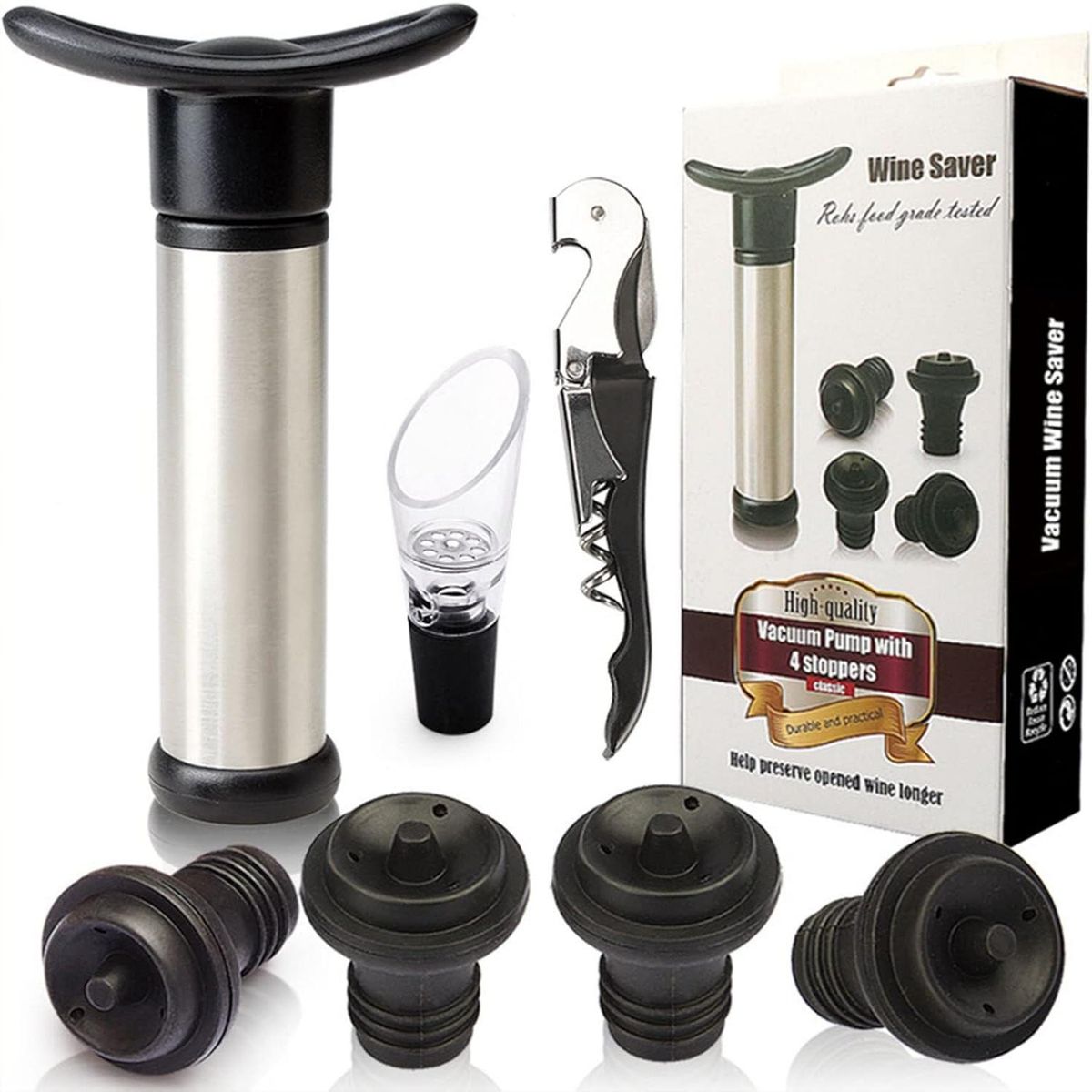 WELDMON - 7 Piezas Tapón para Vino y Vino Tinto Bomba de Vacío Acero inoxidable