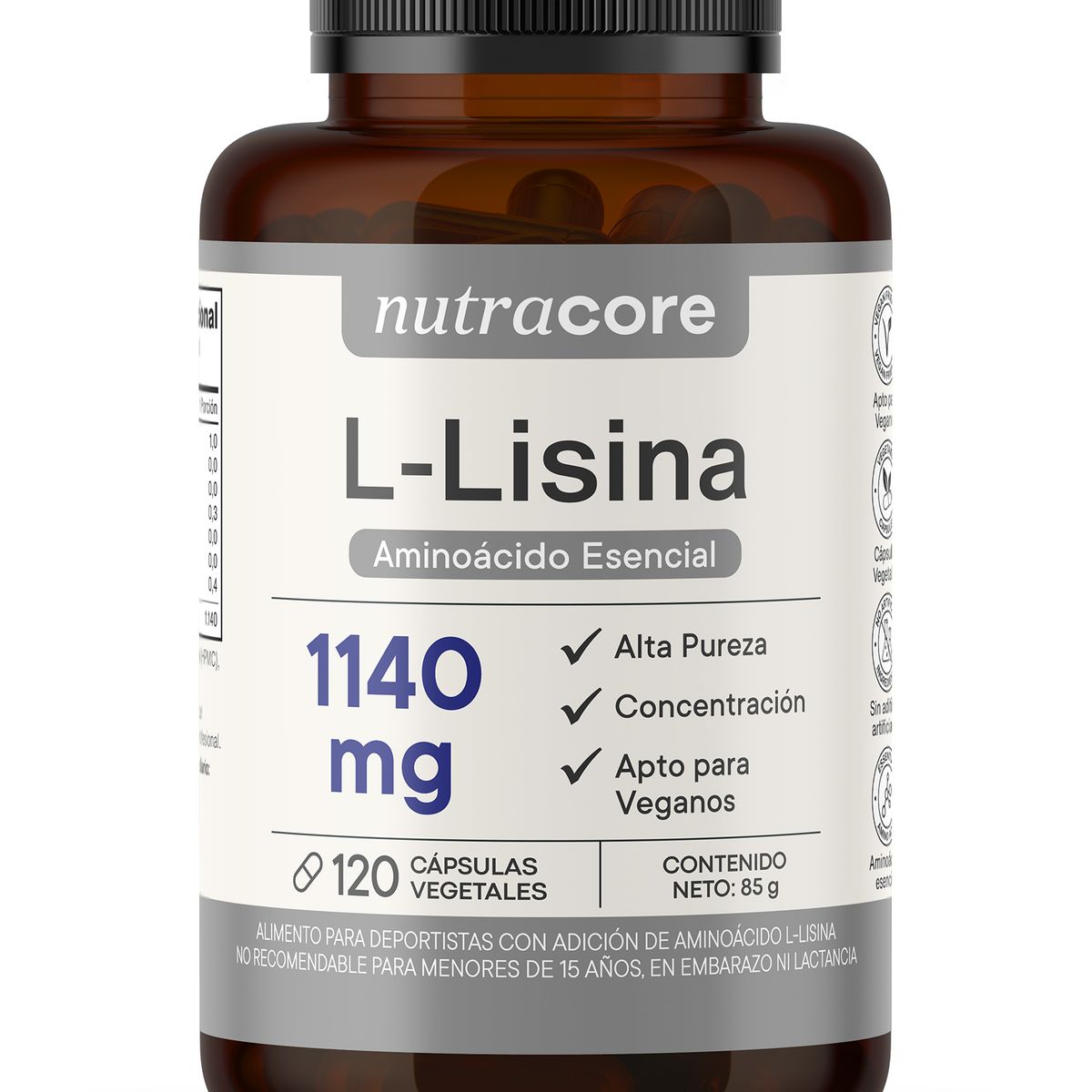 NUTRACORE - L-lisina 1140mg 100% Pura - 120 Cápsulas Vegetales - NutraCore
