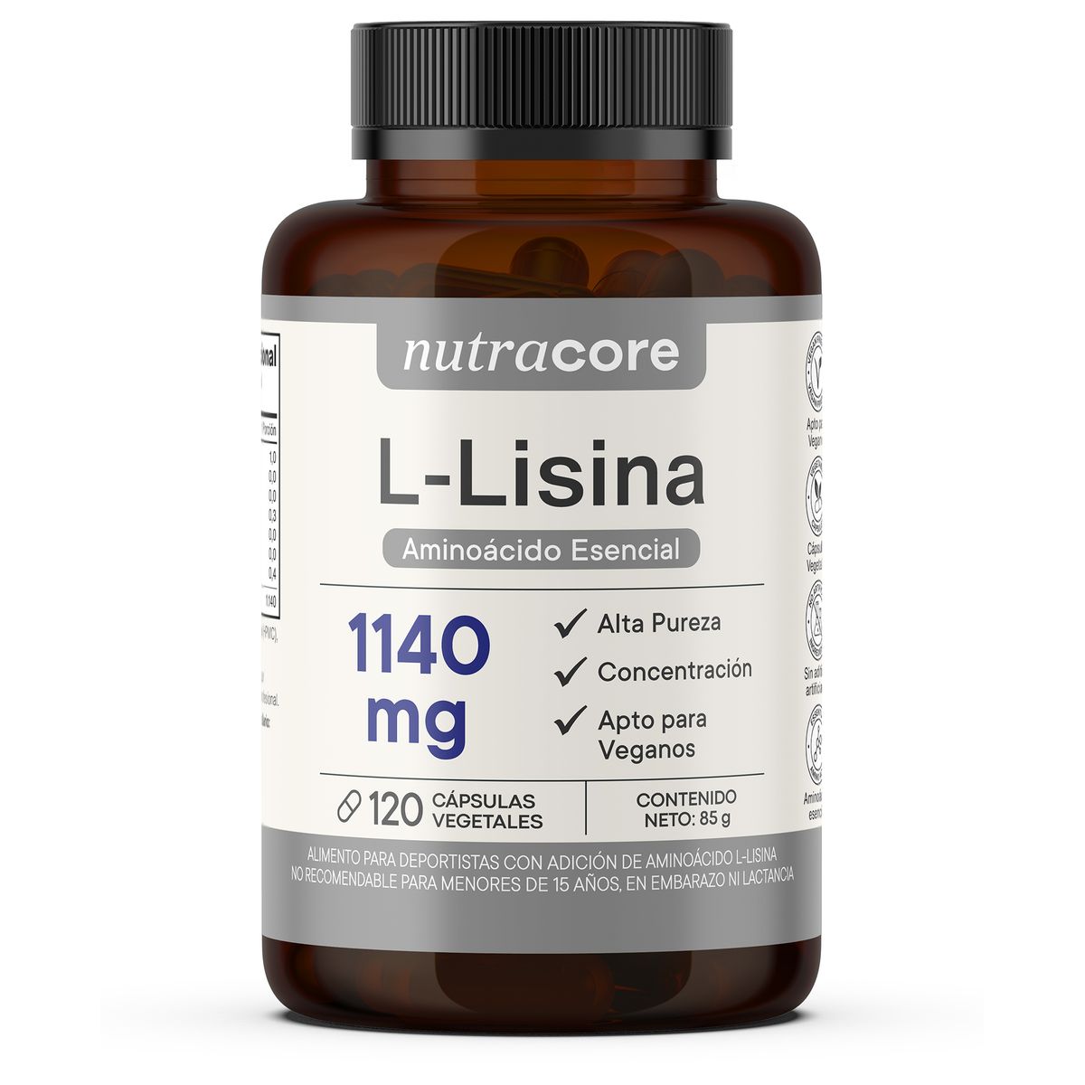 NUTRACORE - L-lisina 1140mg 100% Pura - 120 Cápsulas Vegetales - NutraCore