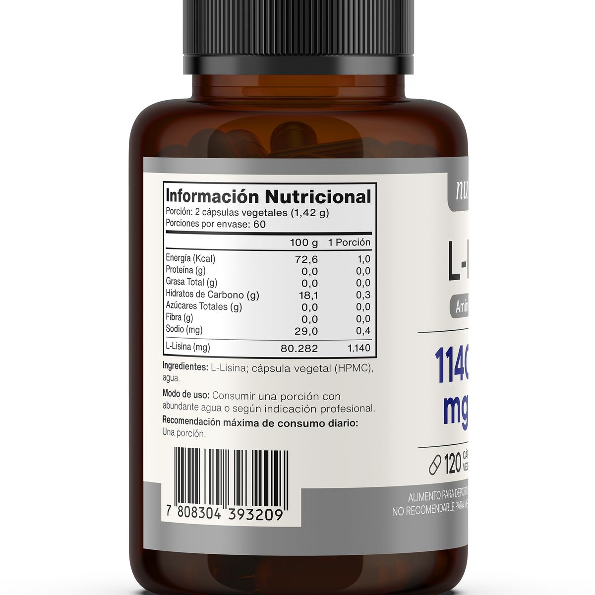 NUTRACORE - L-lisina 1140mg 100% Pura - 120 Cápsulas Vegetales - NutraCore