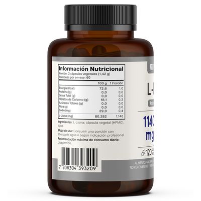 Imagen 2 del producto L-lisina 1140mg 100% Pura - 120 Cápsulas Vegetales -