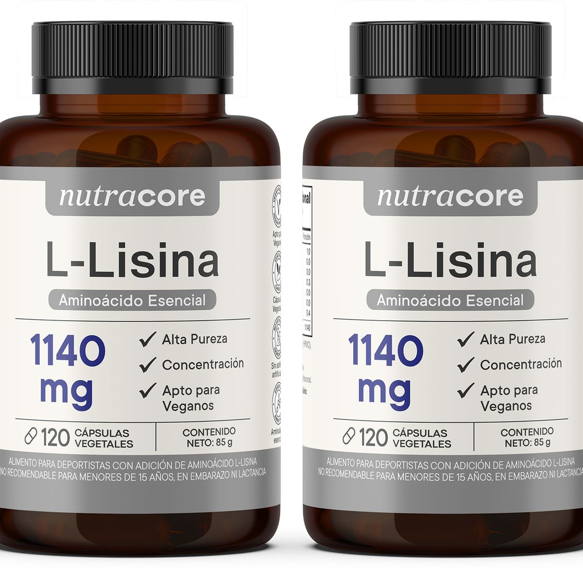 NUTRACORE - L-lisina 1140 Mg - Pack 2 X 120 Cápsulas Vegetales - Nutracore