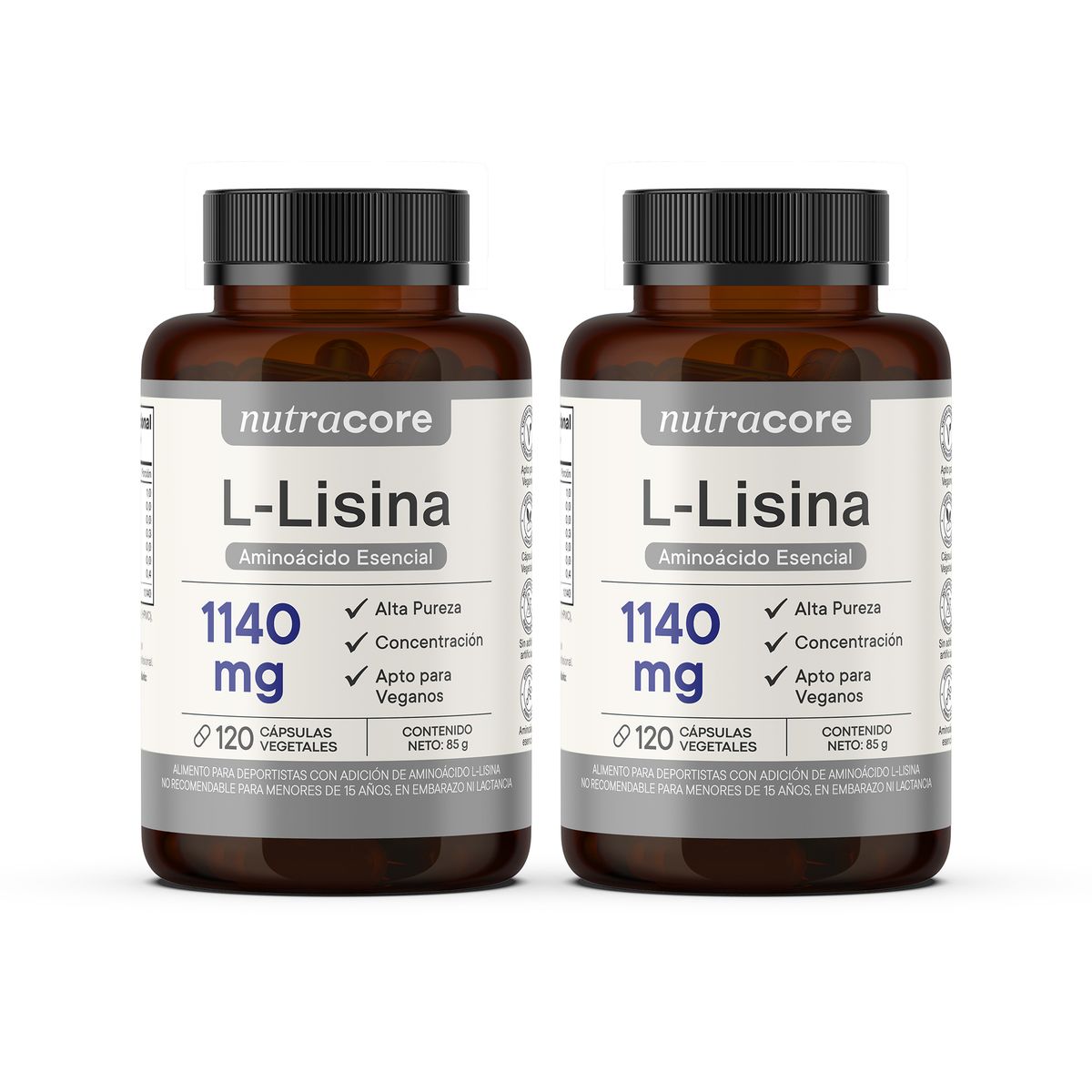 NUTRACORE - L-lisina 1140 Mg - Pack 2 X 120 Cápsulas Vegetales - Nutracore