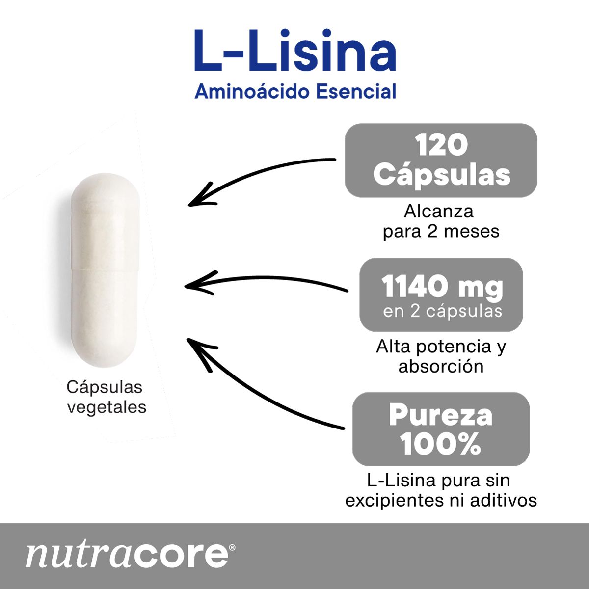 NUTRACORE - L-lisina 1140 Mg - Pack 2 X 120 Cápsulas Vegetales - Nutracore