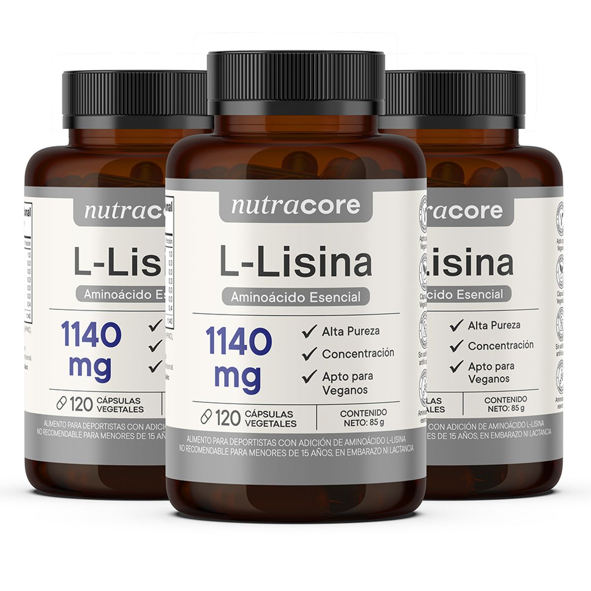 NUTRACORE - L-lisina 1140 Mg 100% Pura - Pack 3 X 120 Cápsulas Vegetales - Nutracore