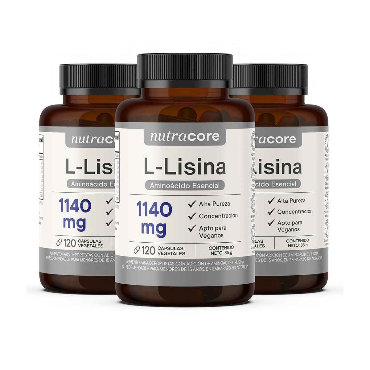 NUTRACORE - L-lisina 1140 Mg 100% Pura - Pack 3 X 120 Cápsulas Vegetales - Nutracore