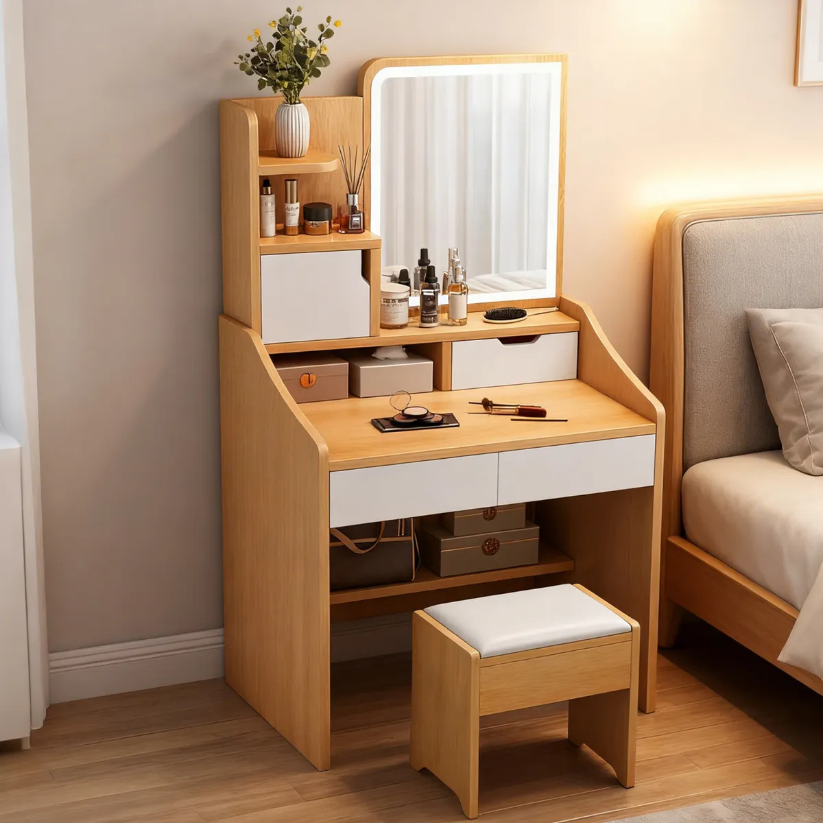 ELEMENT DESIGN - Tocador con Espejo LED y Taburete Cajones y Almacenamiento Roble