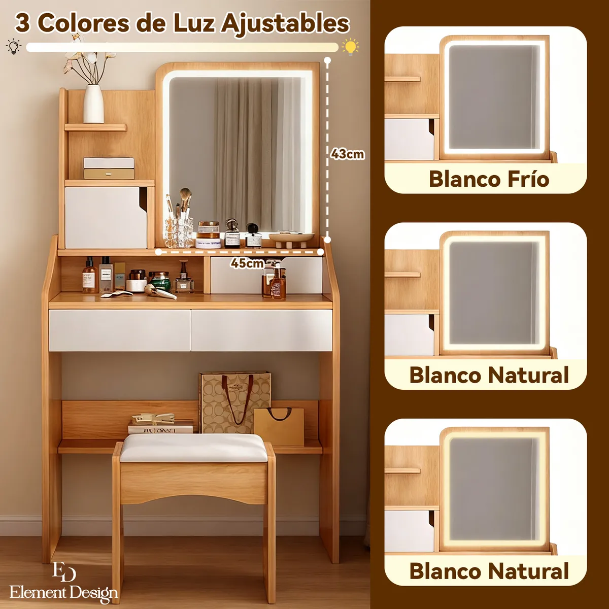 ELEMENT DESIGN - Tocador con Espejo LED y Taburete Cajones y Almacenamiento Roble