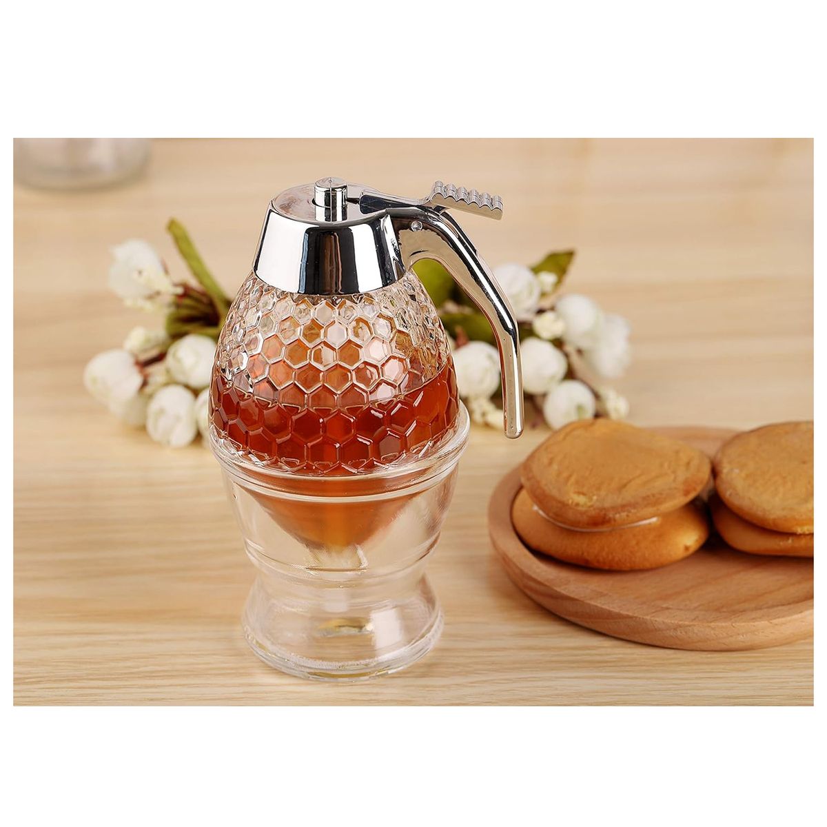 WELDMON - Dispensador de miel de cristal antigoteo gran decoración y soporte