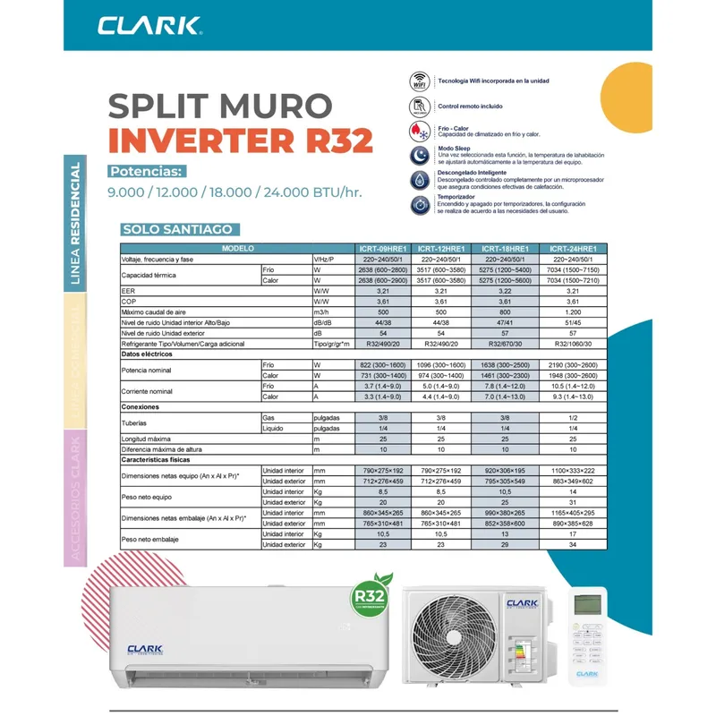 CLARK - Aire acondicionado tipo split muro de 18000 btu Clark Inverter R32