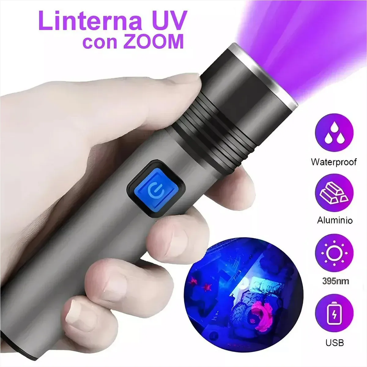 KUANGYE - Linterna Uv Recargable Portátil Potente Lámpara Ultravioleta