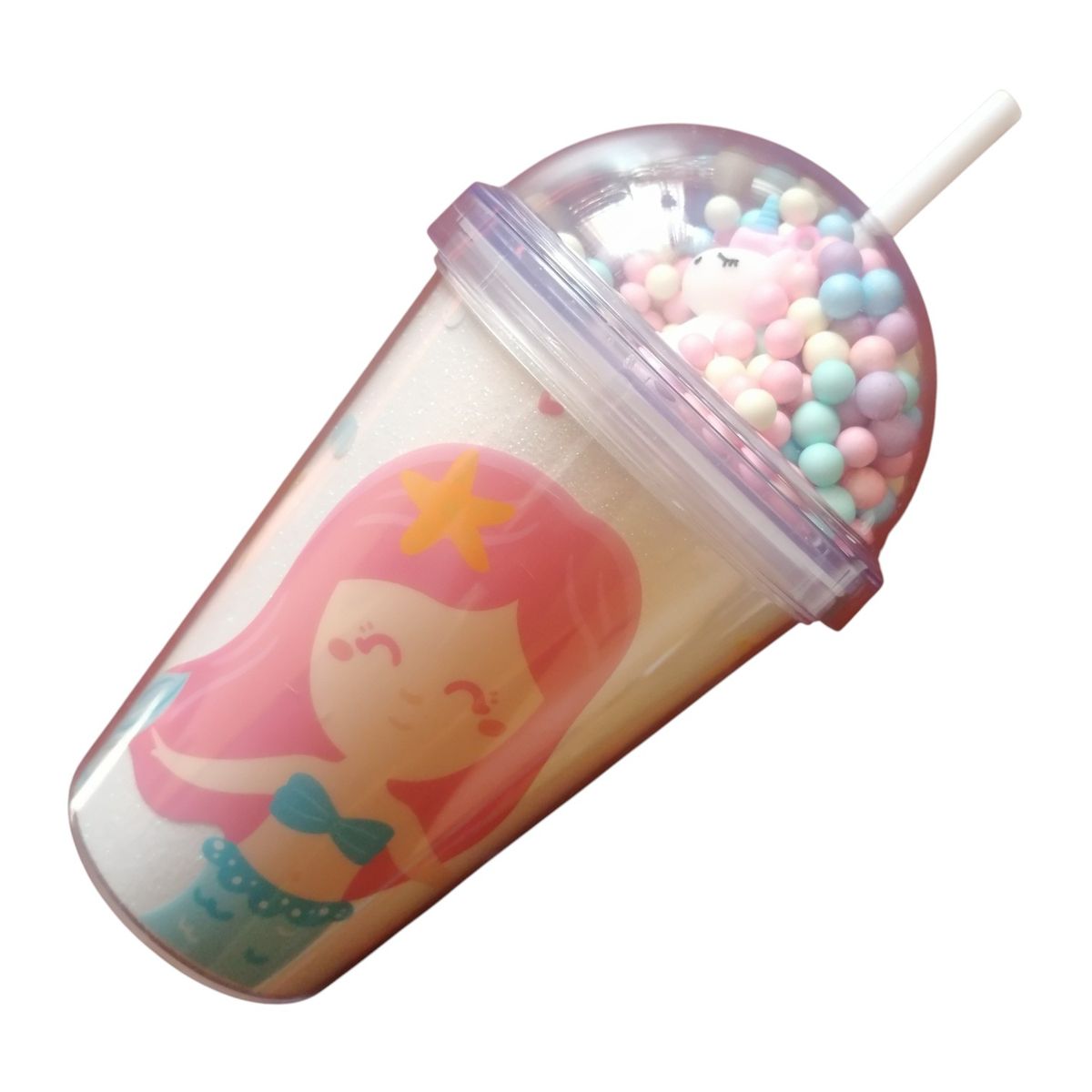 GENERICO - Vaso Con Bombilla Diseño Sirena Con Pelotitas 350 Ml Blanco Sirenita