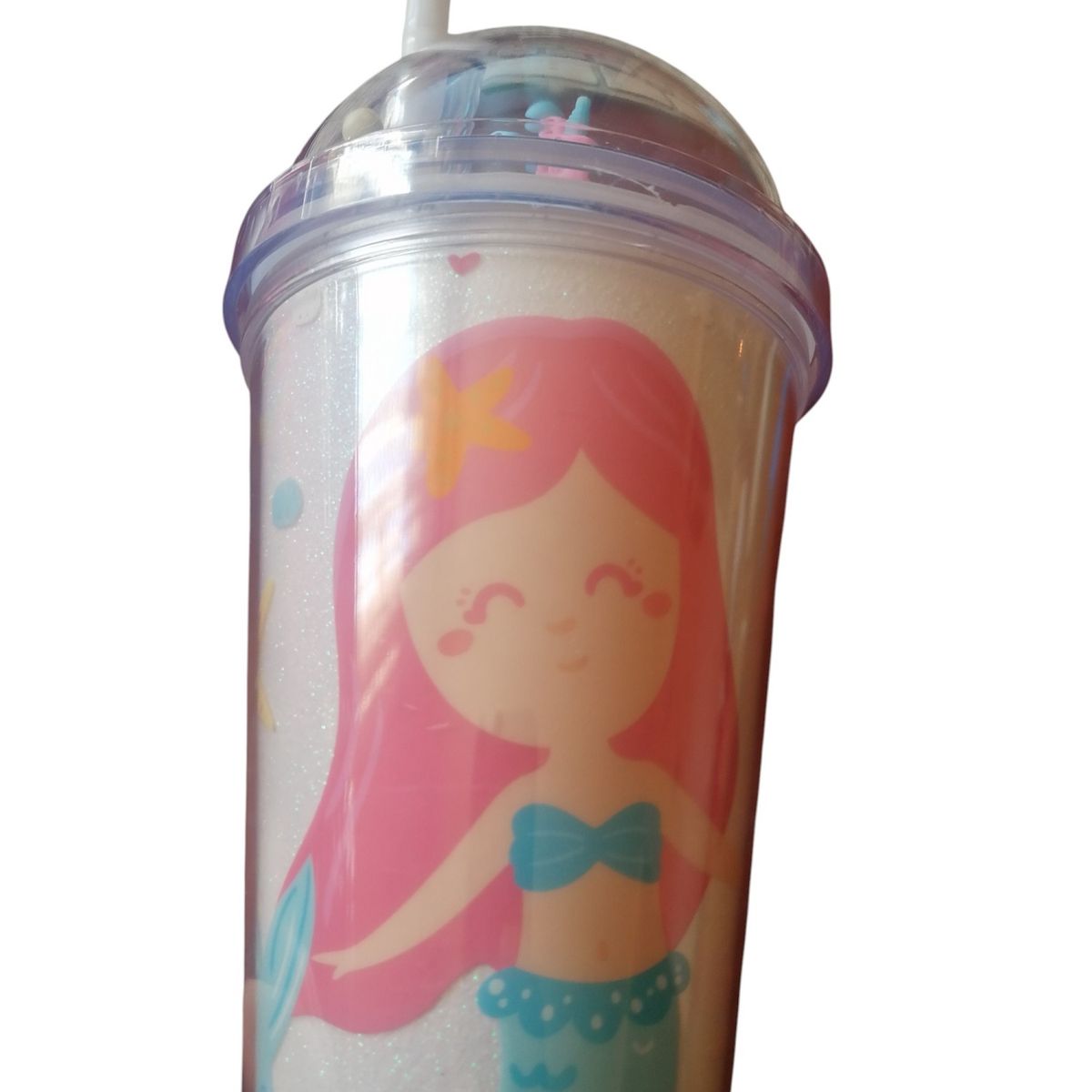 GENERICO - Vaso Con Bombilla Diseño Sirena Con Pelotitas 350 Ml Blanco Sirenita