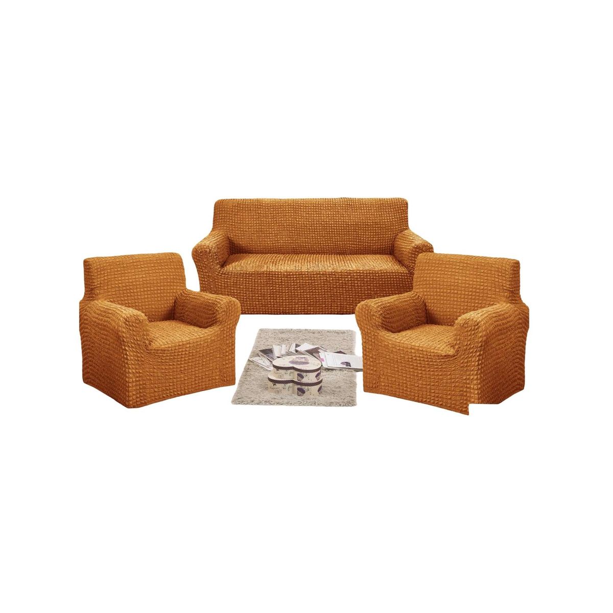 GENERICO - SET DE FUNDAS DE SOFA 3+1+1 - DISEÑO CUADRILLE MOSTAZA