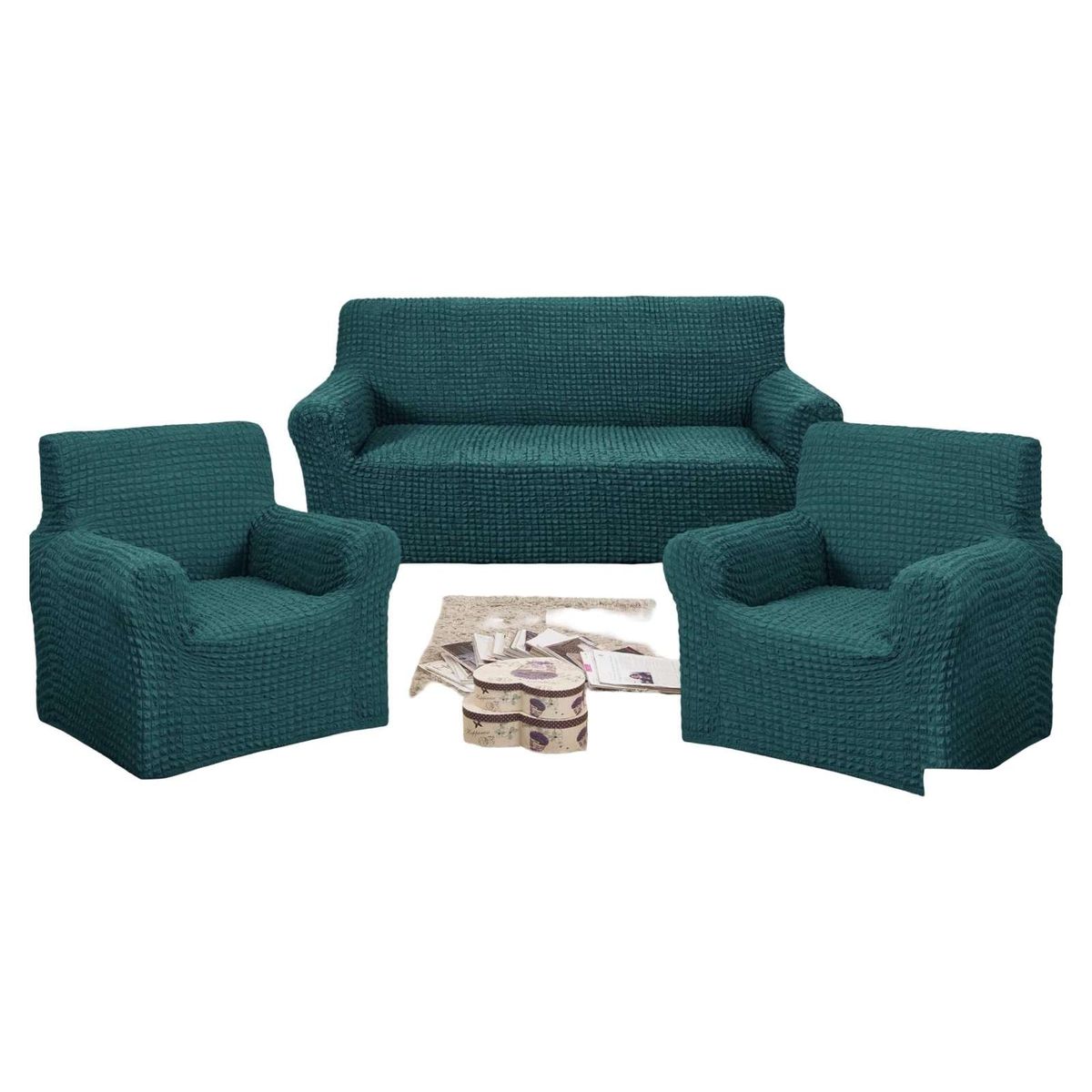 GENERICO - SET DE FUNDAS DE SOFA 3+1+1 - DISEÑO CUADRILLE TURQUESA