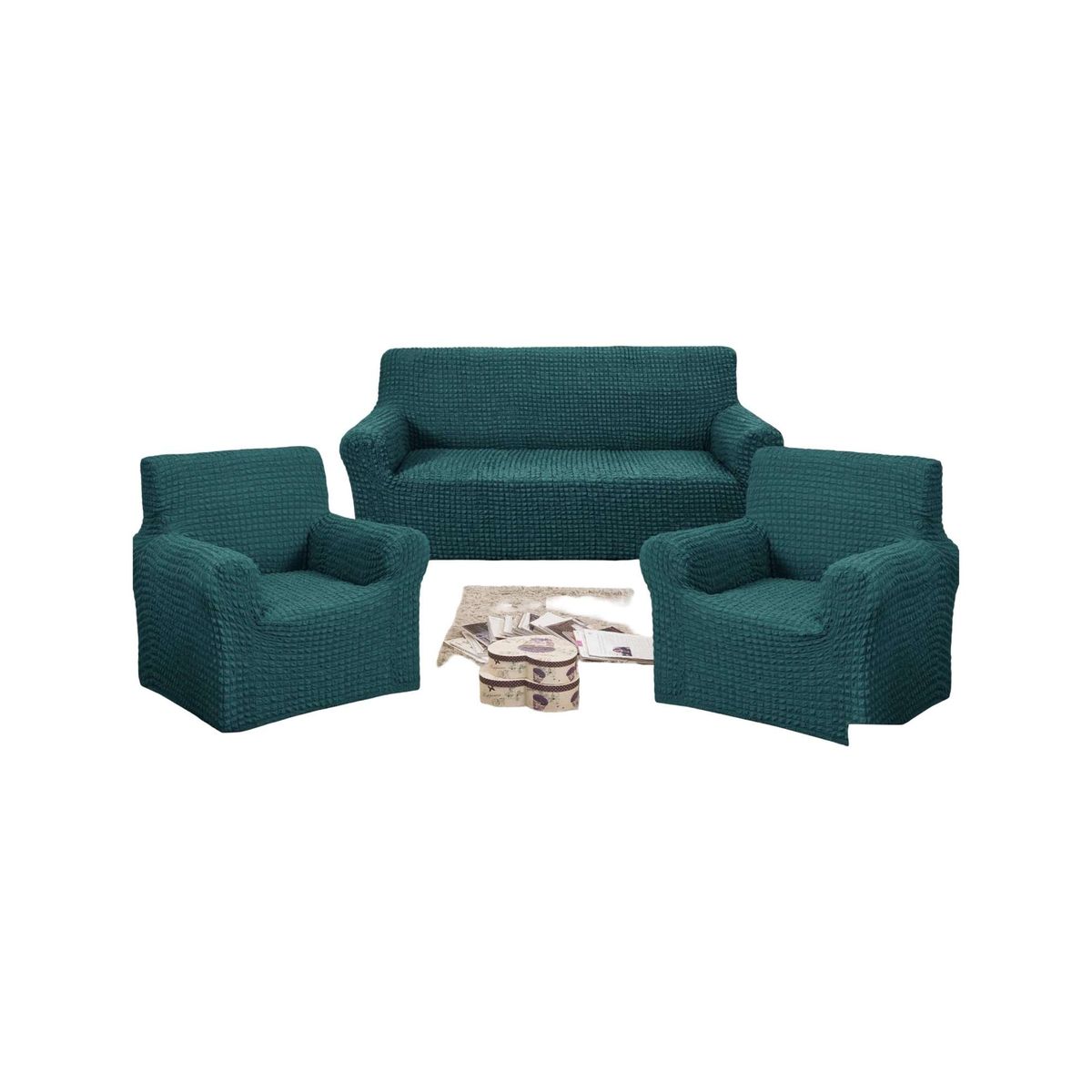 GENERICO - SET DE FUNDAS DE SOFA 3+1+1 - DISEÑO CUADRILLE TURQUESA