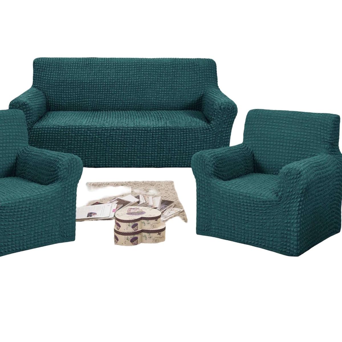 GENERICO - SET DE FUNDAS DE SOFA 3+1+1 - DISEÑO CUADRILLE TURQUESA