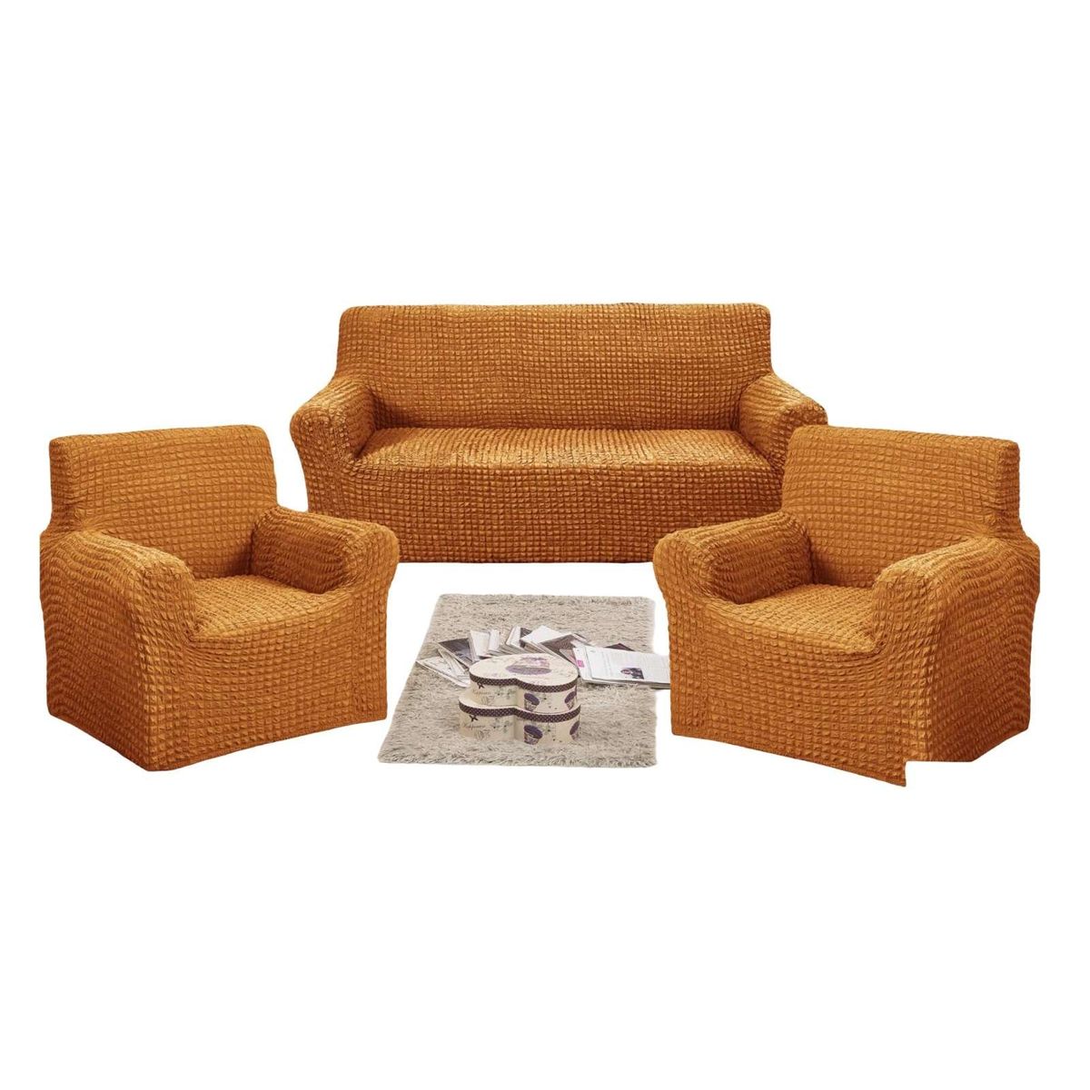 GENERICO - PACK DE FUNDAS DE SOFA 3+1+1 - DISEÑO CUADRILLE MOSTAZA