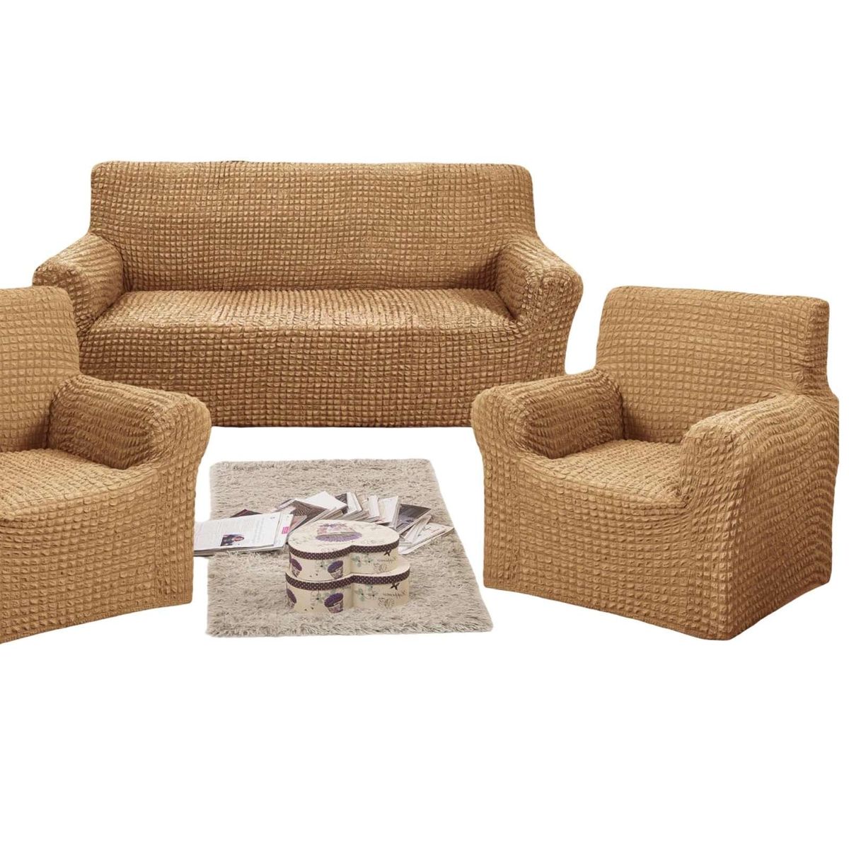 GENERICO - PACK DE FUNDAS DE SOFA 3+1+1 - DISEÑO CUADRILLE CAFÉ