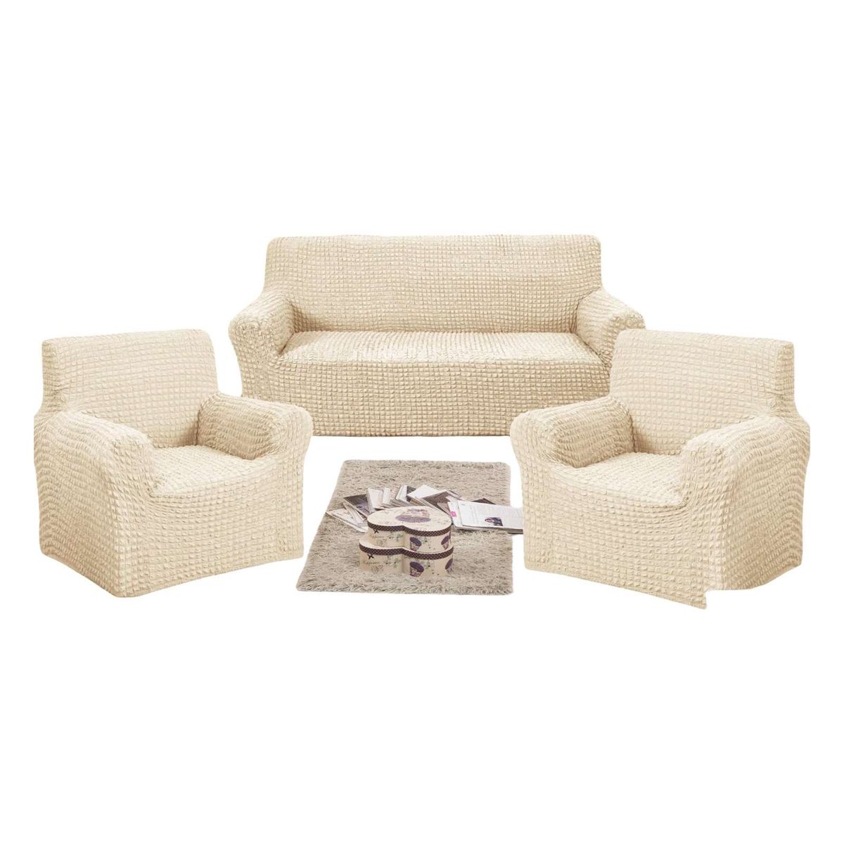 GENERICO - PACK DE FUNDAS DE SOFA 3+1+1 - DISEÑO CUADRILLE BLANCO