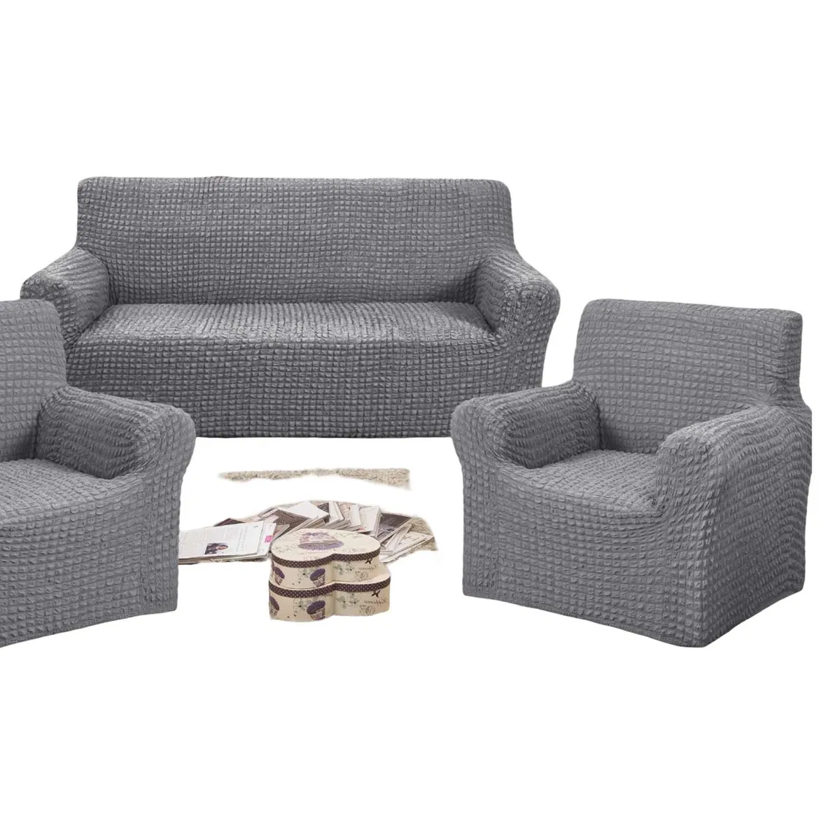 GENERICO - PACK DE FUNDAS DE SOFA 3+1+1 - DISEÑO CUADRILLE GRIS