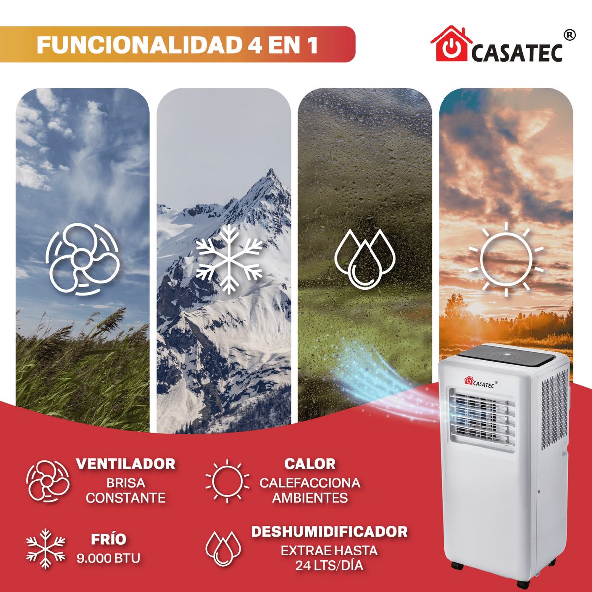 CASATEC - Aire Acondicionado Portátil 9000 BTU WI-FI 4 en 1 ULTRADRY500