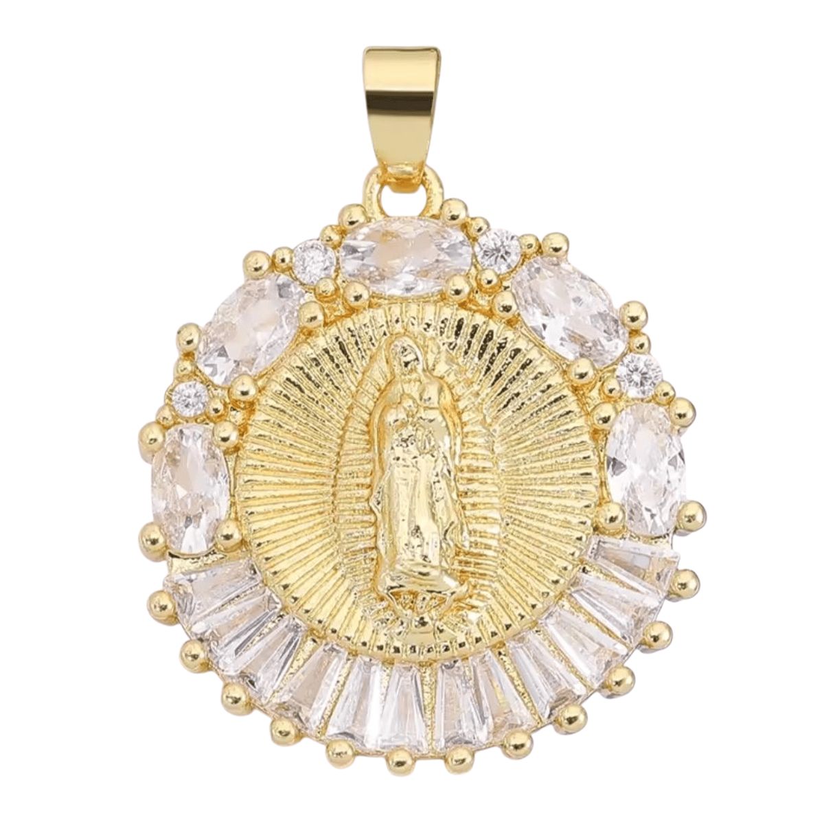 GENERICO - Collar y dije Virgen Guadalupe con piedras blancas y enchape oro