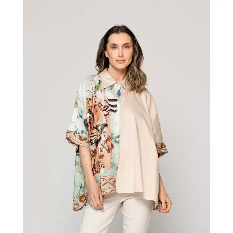 LINEATRE - Camisa Mujer Blake Algodón Con Estampado Animal Beige Lineatre