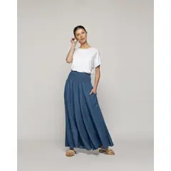 LINEATRE - Pantalón Mujer Pilar Palazzo Azul Con Pretina Fruncida