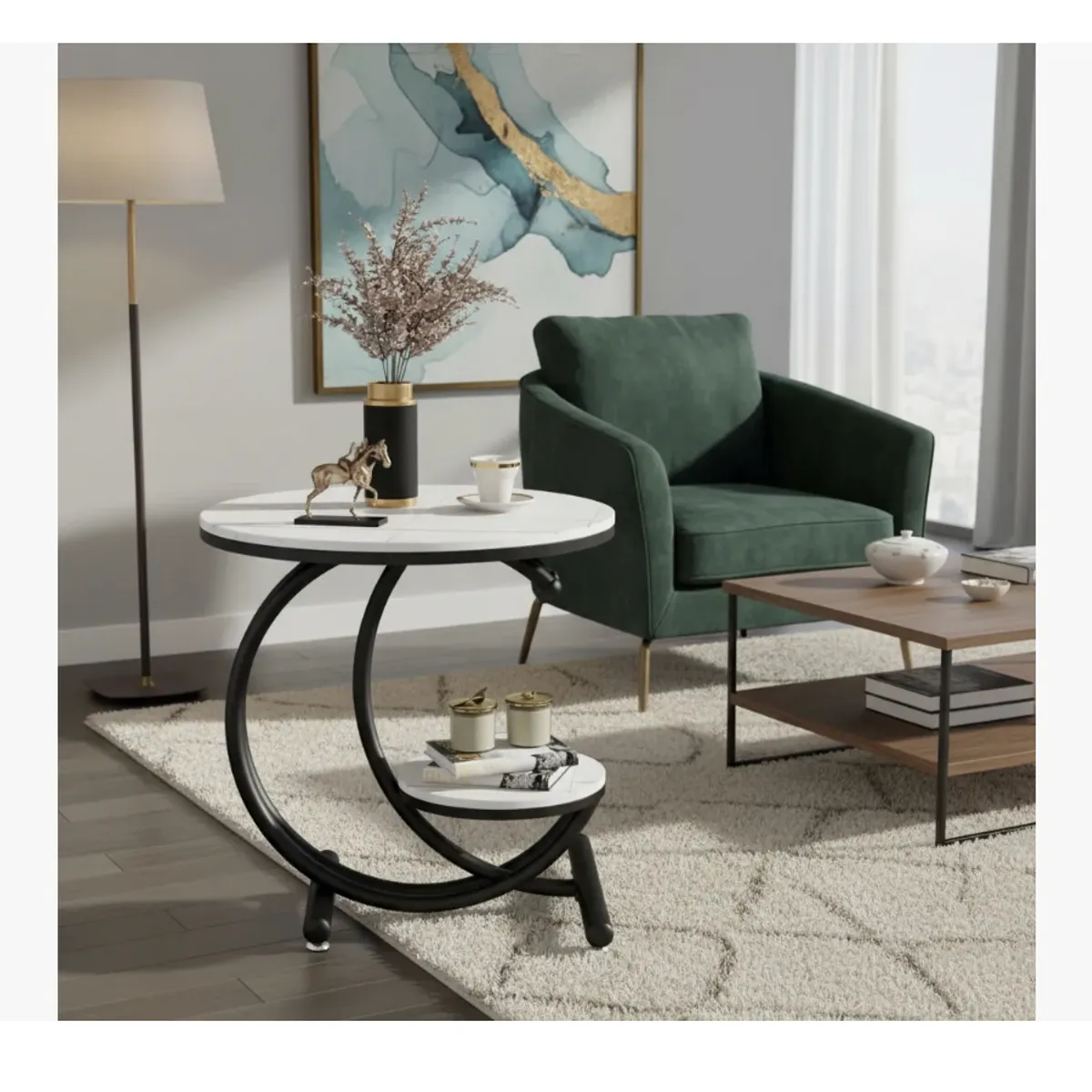 GENERICO - Mesa Auxiliar Dos Niveles Con Efecto Mármol Elegante Moderna