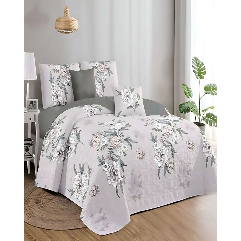 GENERICO - QUILT DE VERANO 2 PLAZAS DISEÑO FLORES GRIS