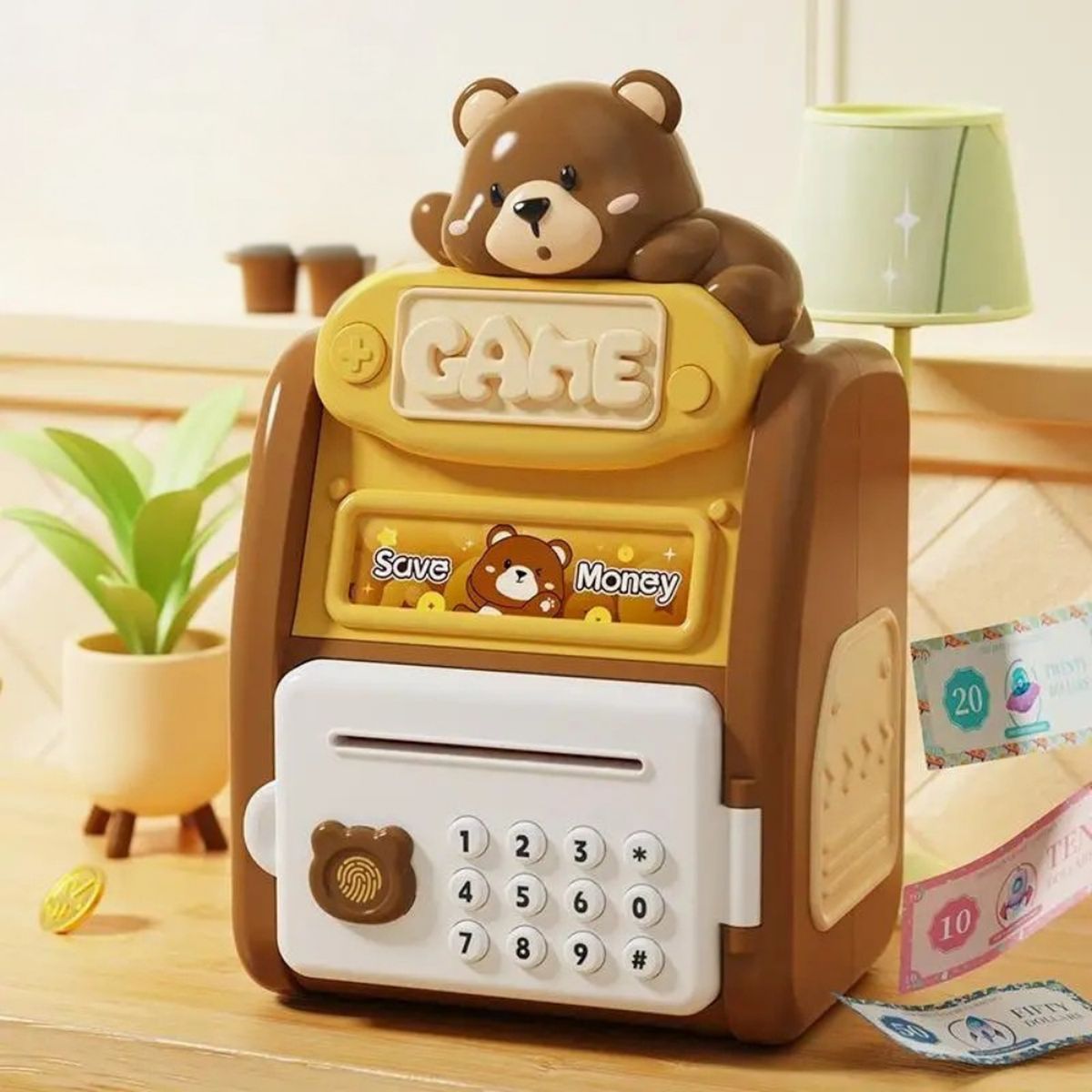FLIPEREX - Alcancia Caja Fuerte Kawaii Clave Huella Digital Infantil - Cafe