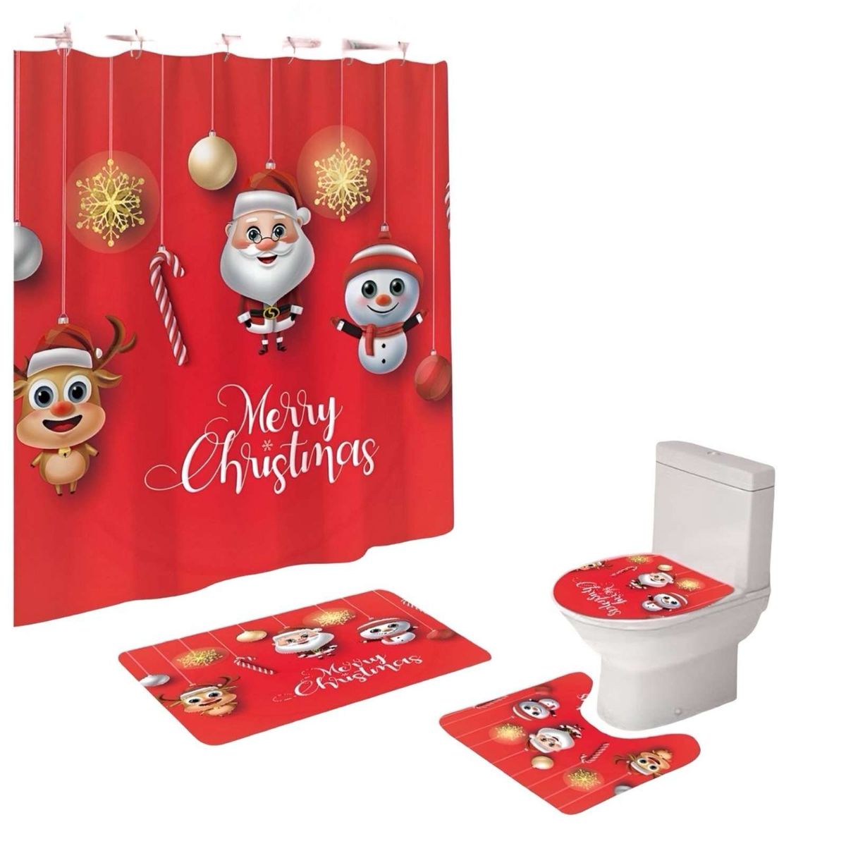 GENERICO - SET 4 PIEZAS CORTINA DE BAÑO Y ALFOMBRAS DISEÑO NAVIDEÑO TF06