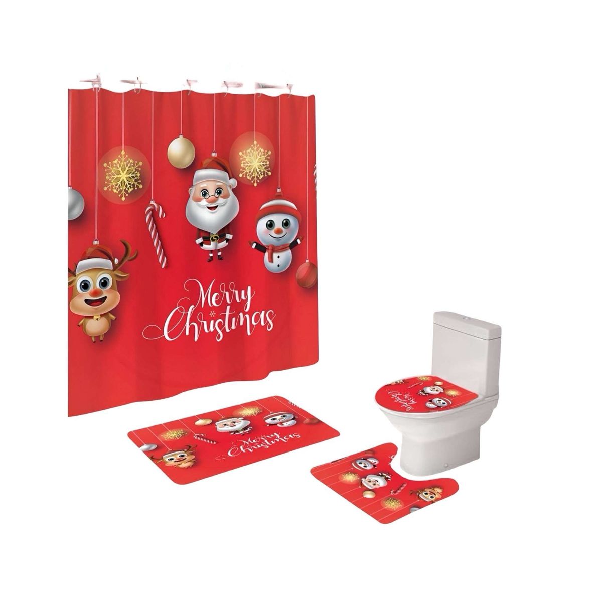 GENERICO - SET 4 PIEZAS CORTINA DE BAÑO Y ALFOMBRAS DISEÑO NAVIDEÑO TF06
