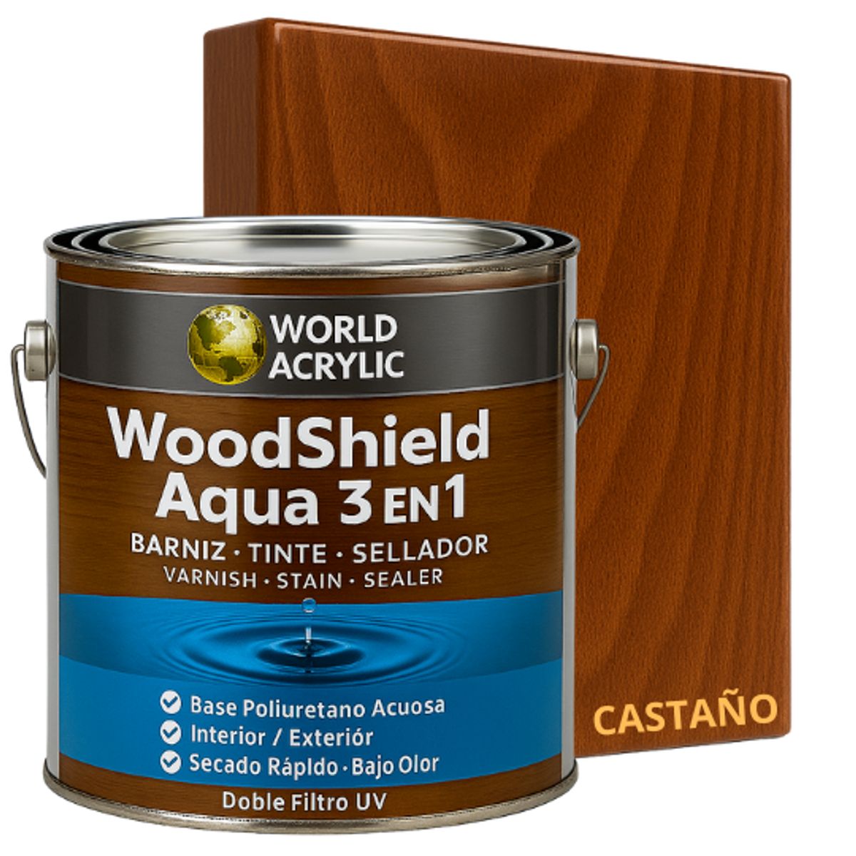 KENT - BARNIZ MADERAS WoodShield Aqua 3 en 1- GALON - CASTAÑO