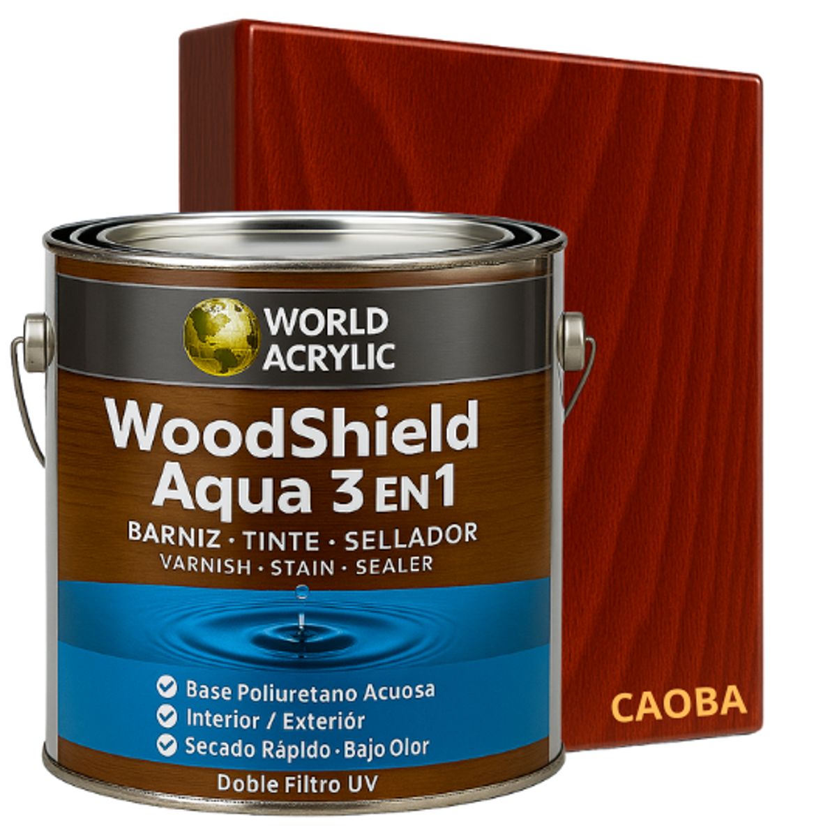 KENT - BARNIZ MADERAS WoodShield Aqua 3 en 1- GALON - CAOBA