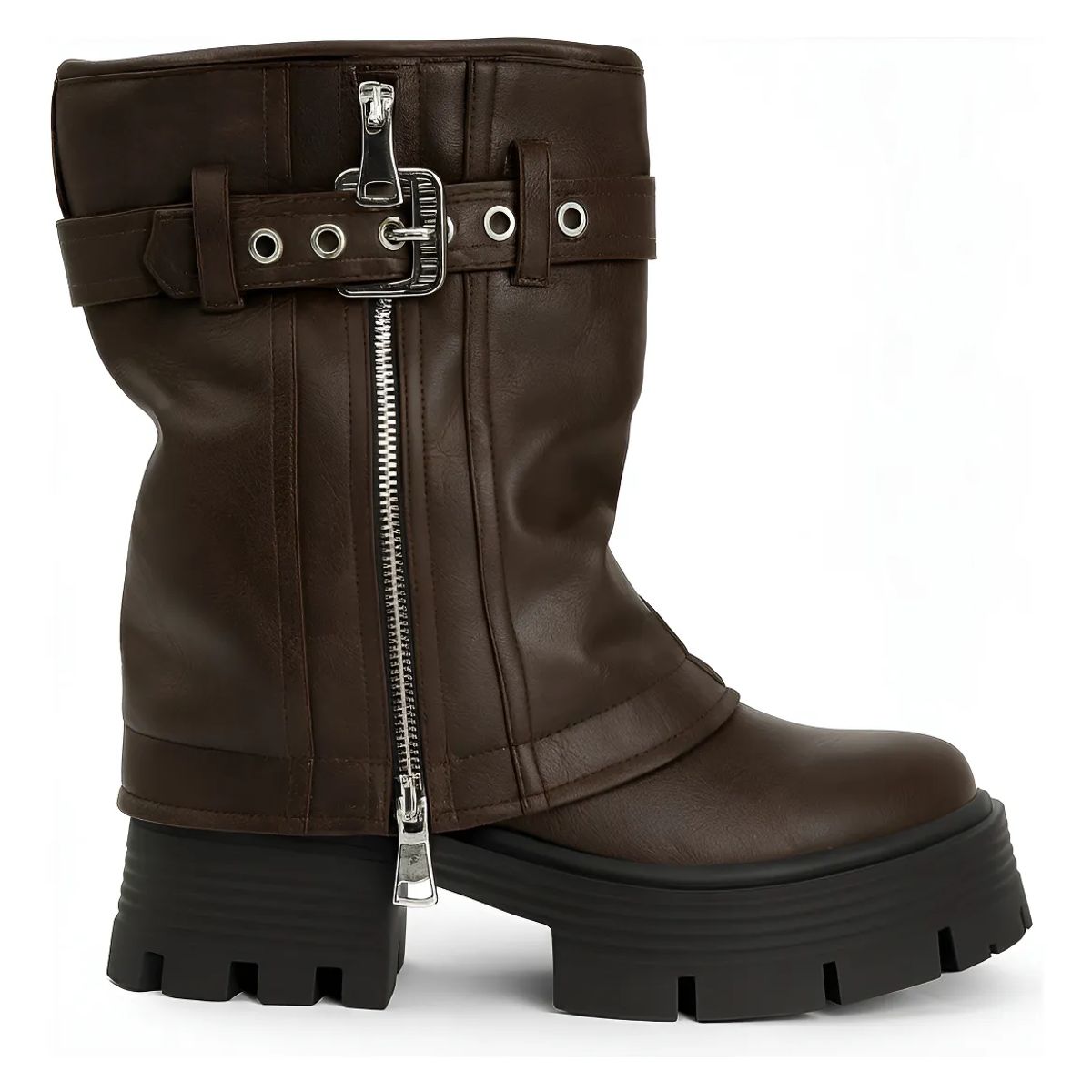 BOVINITA - Bota Mujer Plataforma Marrón Caña Media Cierre Hebilla Urbana Moda