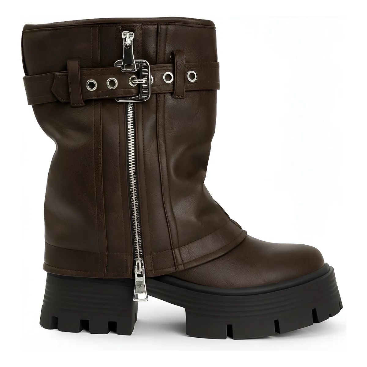 BOVINITA - Bota Mujer Plataforma Marrón Caña Media Cierre Hebilla Urbana Moda